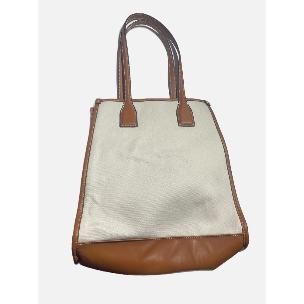 Zara Tote Bag Women Large White Brown Canvas Faux Leather Trim Minimalist Chic